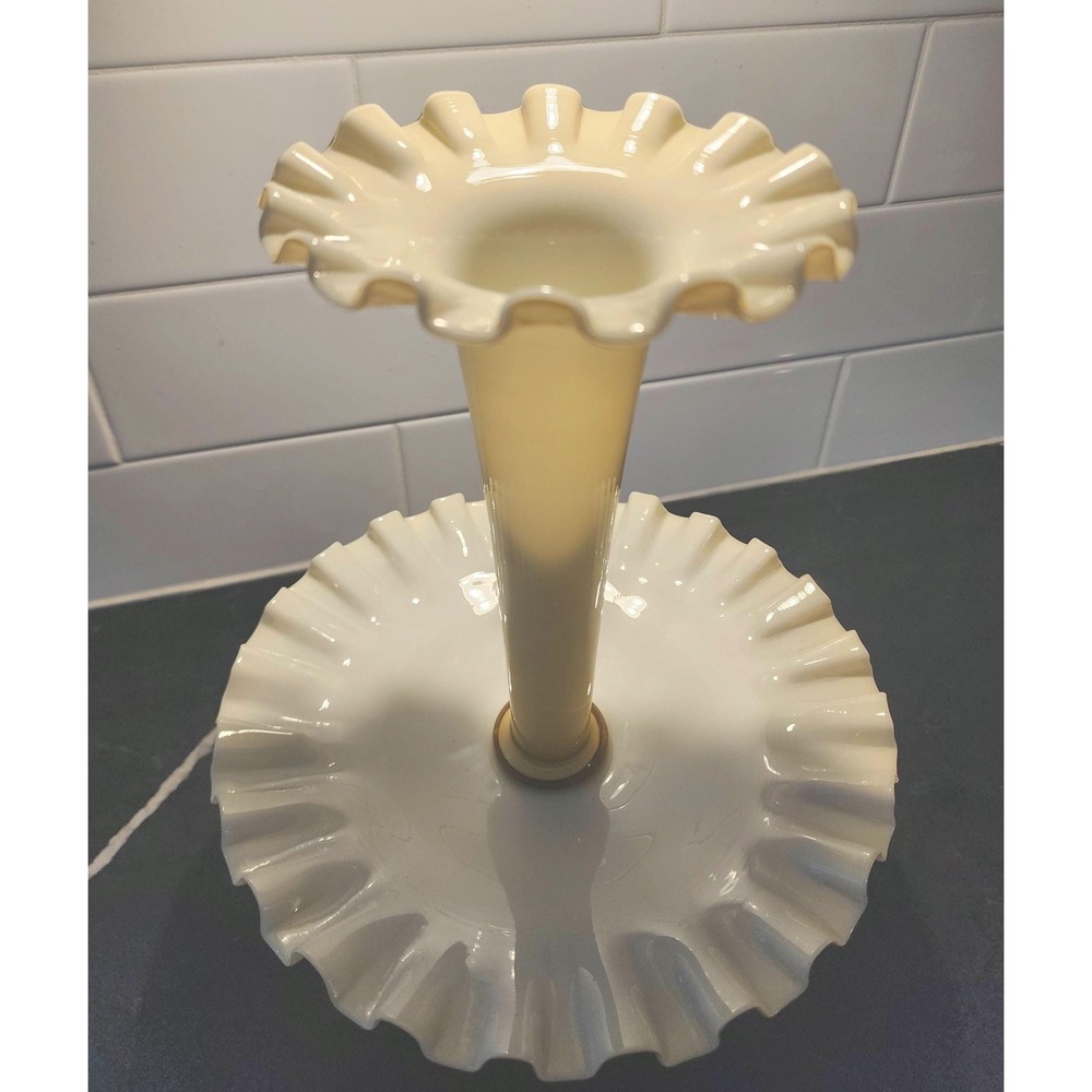 Rare Fenton Satin Glass Single Horn Epergne Centerpiece Mid Century Art Glass